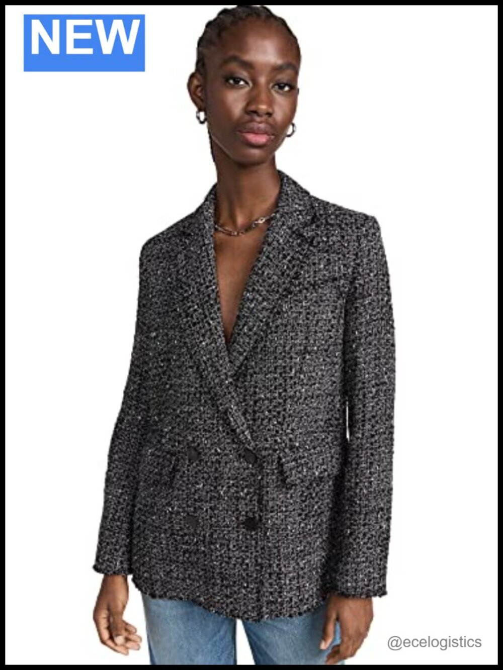 Straight-Cut Double-Breasted Tweed Blazer 4-Button Notch Lapels Flap Pockets